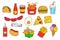 Kawaii Sticker Fast Food Set. Collection of Cute Kawaii Food Illustrations.