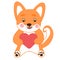 Kawaii style Corgi, shiba inu dog, sitting with heart, doodle vector