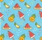 Kawaii summer background with watermelon and pineapple