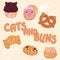 Kawaii sweet bakery cats, cute cartoon characters pretzel, cookie, croissant, creamy roll, chocolate muffin and bun