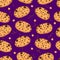 Kawaii sweet cookies cats seamless pattern, cute cartoon funny characters on dark purple background