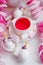 Kawaii tea party concept - scented tea in white cup, decorated unicorn eggs, trendy modern easter holiday breakfast closeup