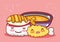 Kawaii tempura roll fish and soup food japanese cartoon, sushi and rolls