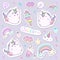 Kawaii unicorn sticker collection in pastel color. Cute doodle clip art for scrapbook.