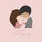 Kawaii Valentine`S Day. Lovely lovers girl and boy kissing on pink pastel background.Cute catoon a couple holding hand together