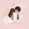 Kawaii Valentine`S Day. Lovely lovers girl and boy kissing on pink pastel background.Cute catoon a couple standing together with