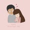Kawaii Valentine`S Day. Lovely lovers girl and boy standing with smiling face on pink pastel background.Cute catoon a couple