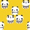 Kawaii vector panda seamless pattern pattern background. Trio of cute black and white sitting cartoon bears on yellow