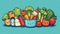 Kawaii Vegetables and pot on blue background, generative ai
