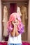 Kawaii vibes. Candy colors design. little girl with pink hair smile and has a fun