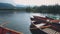 Kayak boat on calm clear mountain summer lake