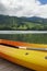 Kayak and canoe at Blue Lake or Lagoa Azul in Sete Cidades Sao Miguel Azores island Portugal