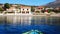 Kayak floating in calm gulf of Corinth Bay, Greece