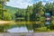 Kayak in a Little Pea Porridge Pond in New Hampshire with mountain background