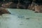 Kayak parking on the river in Congost de Mont-rebei gorge, Catalonia, Spain. Summer pastime and outdoor activities.