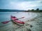 Kayak on a sandy beach in Greece, Aegean Sea