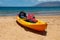 Kayak tourism. Blue ocean wave on sandy beach. Beach in sunset summer time. Beach landscape. Tropical seascape, calmness