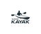 Kayaker man travelling by kayak on the river logo design. People in a kayak paddling along a river in the wild graphic