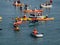 Kayakers, and boaters paddle in McCovey Cove hoping for a homerun ball