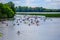 Kayakers coming around the corner at the 4th Annual Paddle Pub Crawl, Wausau, Wisconsin, USA, 7/28/18