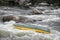 Kayakers fights the white water in a Pivdenny Bug river.