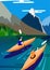 Kayakers float on the lake, mountains background, nature, peace and serenity. Vector illustration banner.
