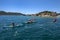 Kayakers paddle through the Mediterranean Sea off the coast of Turkey at Kalekoy.