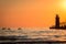 Kayakers paddling near the South Haven lighthouse in Michigan