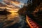 Kayaking in a beautiful lake surrounded by pine forests on dramatic sunset. Scenic cloudscape in the summer evening. Boat trip as