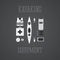 Kayaking equipment icons set. Kayak illustration on a grayscale design. With tent, compass, mobile device, binoculars, life jacket
