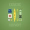 Kayaking equipment icons set. Kayak illustration on a multicolor design. With tent, compass, mobile device, binoculars, life jacke