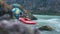 kayaking group paddling in wild water river Steyr near Hinterstoder