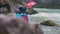 kayaking group paddling in wild water river Steyr near Hinterstoder