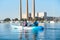 Kayaking in the harbor and estuary. Mature couple enjoying view of Morro Bay harbor, California