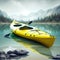 Kayaking on the Lake Concept Photo. Sport Kayak on the Rocky Lake Shore. Close Up Photo.