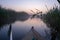 Kayaking on morning river, dawn and morning fog