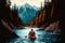 Kayaking in Mountains, Single Tourist in Kayak, Mountain Lake, Abstract Generative AI Illustration