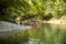 Kayaking on the river. group of people in a boat sailing along the river. Rowers with oars in a canoe. Rafting on a kayak. Leisure