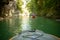 Kayaking on the river. group of people in a boat sailing along the river. Rowers with oars in a canoe. Rafting on a kayak. Leisure