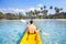 Kayaking on tropical beach, travel to Asia, summer holidays, tourist paddling on kayak