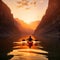 Kayaking in the valley between canyons at the sunset. Generative AI