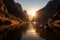 Kayaking in the valley between canyons at the sunset. Generative AI