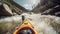 Kayaking in whitewater rapids of mountains river, extreme water sport at outdoor nature, rear view of kayaker man paddling strong
