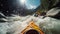 Kayaking in whitewater rapids of mountains river, extreme water sport at outdoor nature, rear view of kayaker man paddling strong