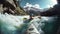 Kayaking in whitewater rapids of mountains river wide angle view, extreme water sport outdoor nature