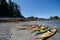 Kayaks beached on one of the Cuttle Islands at low tide on a sunny morning