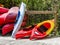 Kayaks and Canoes Red Orange Silver and Yellow