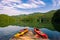 Kayaks docked on mountain lake