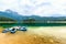 Kayaks docked on the shore of Black Lake. Mountain landscape, Durmitor National Park, Zabljak, Montenegro.