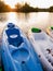 Kayaks floating at a lake